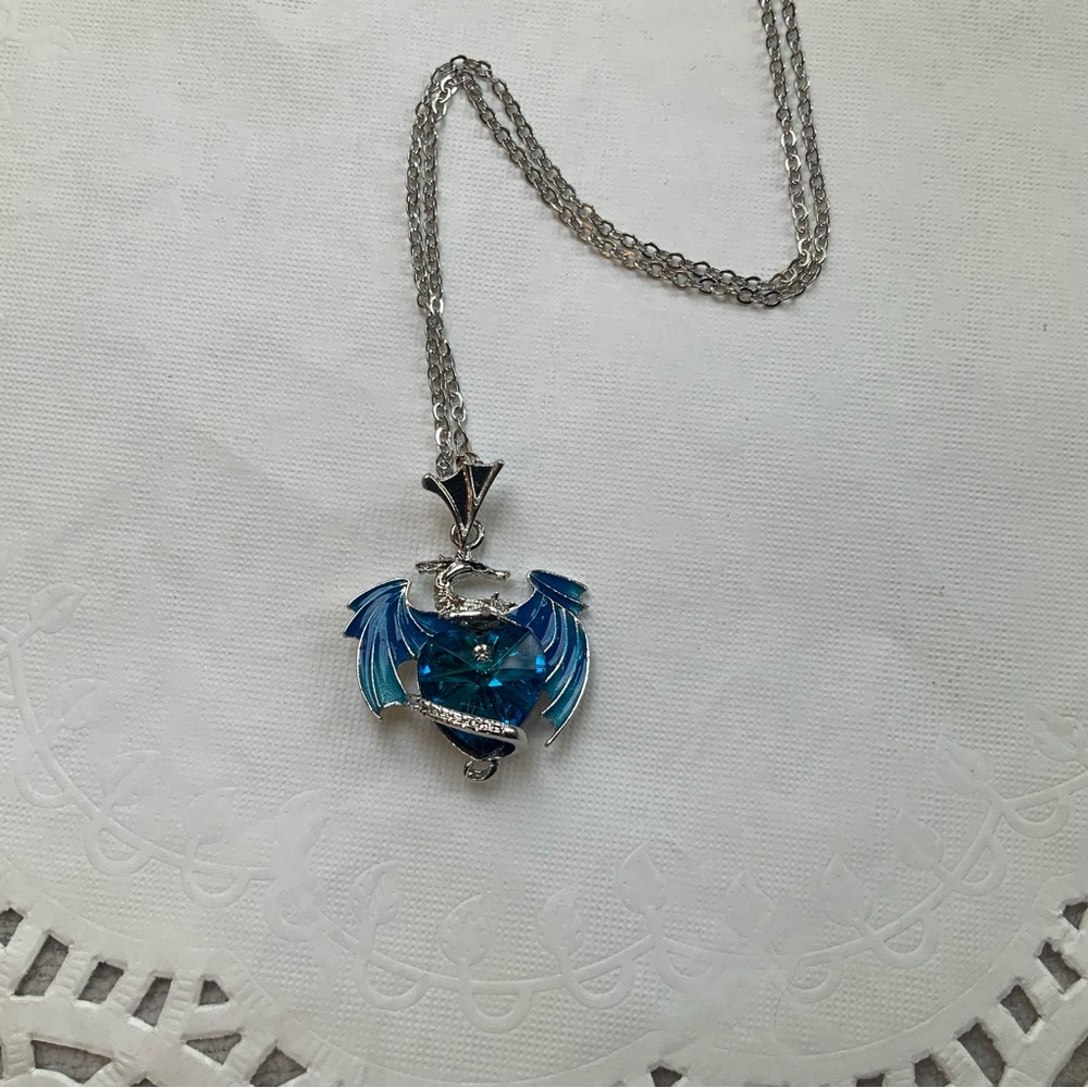 Cobalt Blue Dragon Pendant Necklace 20” Chain NEW